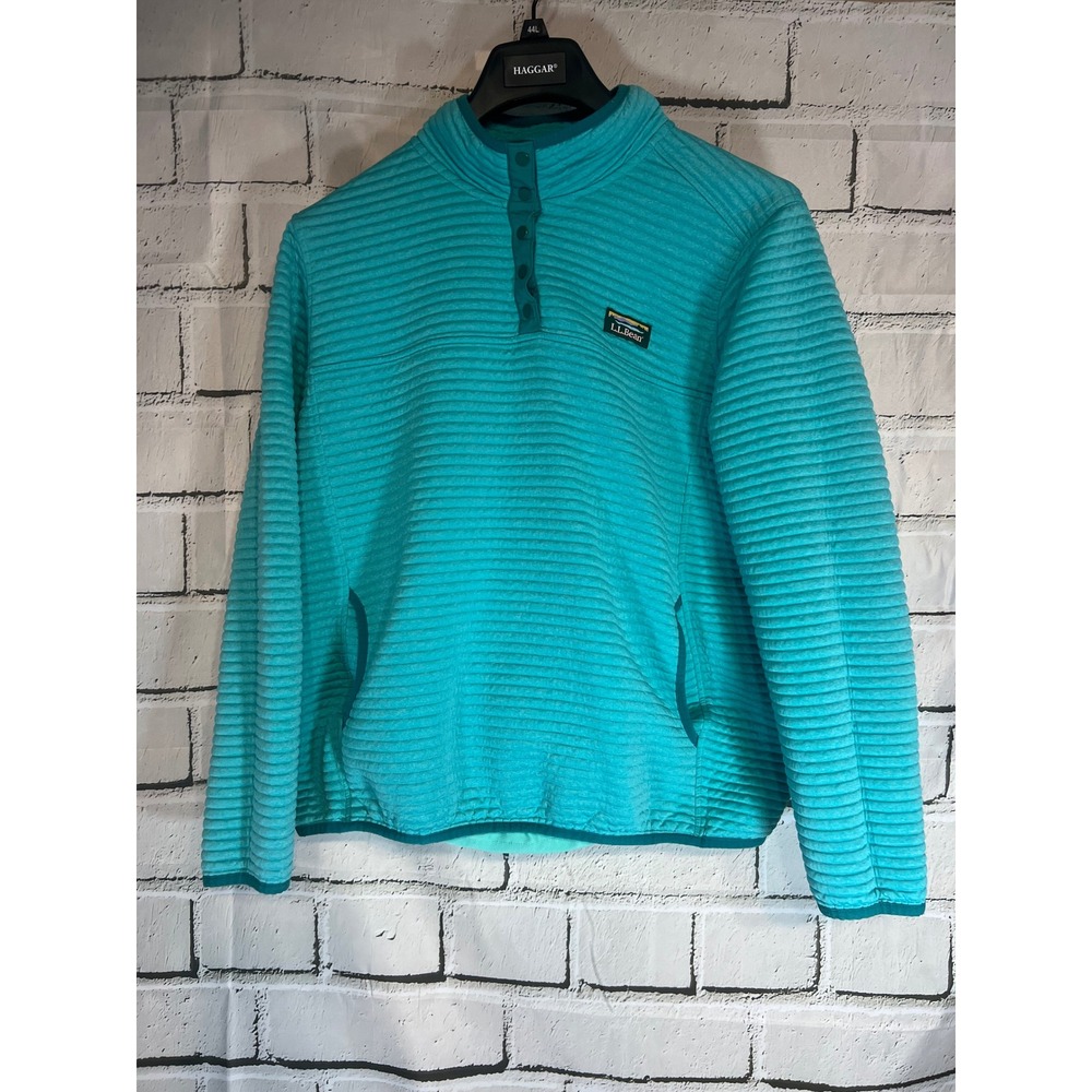 LL Bean Womens 2X Teal Blue Quilted Ribbed Fleece Snap Mock Neck Pullover 506836